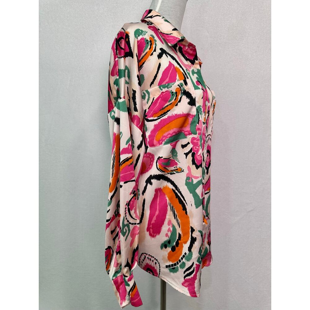Fate Abstract Paisley Satin Button Down Blouse Pink Green Orange Size Medium - Picture 4 of 10